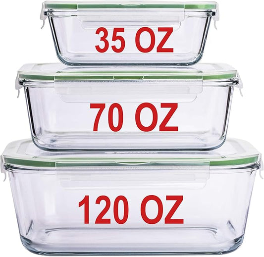 X-LARGE Glass Food Storage Containers with Lids Baking Dish Set Glass Storage Containers with Locking Lid Set 3-120 oz/70 oz/35 oz - Large Meal Prep Storing Serving Food Leakproof Ovensafe
