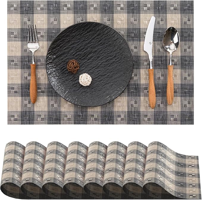 BACKTOEDEN Placemats Set of 8 Heat Resistant Washable Wipeable Placemat Woven Non-Slip Foldable Vinyl/Plastic Place Mats Indoor/Outdoor Mat Kitchen Dining Table Pad, Black Checkered