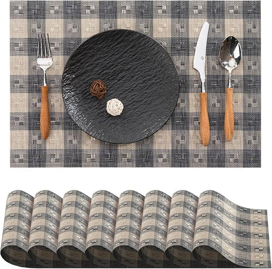 BACKTOEDEN Placemats Set of 8 Heat Resistant Washable Wipeable Placemat Woven Non-Slip Foldable Vinyl/Plastic Place Mats Indoor/Outdoor Mat Kitchen Dining Table Pad, Black Checkered
