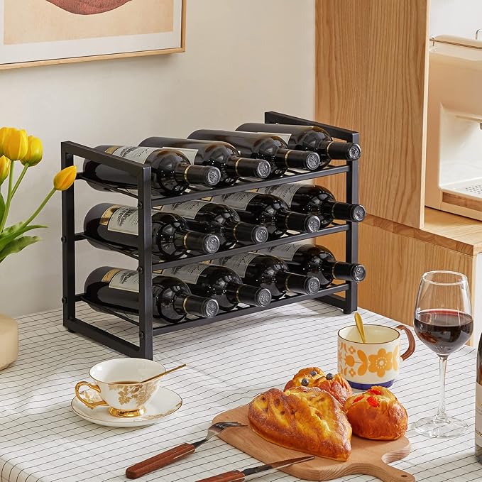 IBUYKE Wine Racks Countertop, 3 Tiers Metal Wine Rack,Wine Rack Freestanding Storage 12 Bottle Capacity, for Home Kitchen, Pantry, Wine Cellar, Bar, Black UTMJ906H