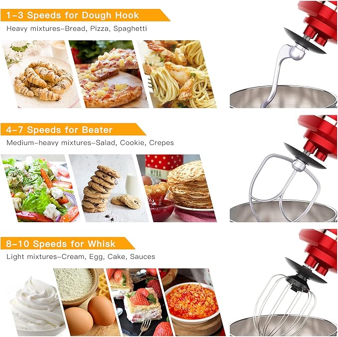 Garvee 7.5QT Stand Food Mixer, 10-Speed Tilt Head 3-IN-1 Kitchen Electric Mixer with Stainless Steel Bowl, Egg Whisk, Dough Hook, Beater, Splash Guard, Compact Dough Mixer for Home Cooks, Red