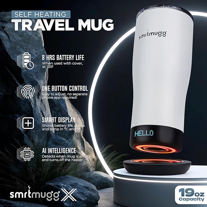 X Heated Coffee Mug 19 oz., 8 Hour Battery Life, Self-Heating, Adjustable Temp Controlled, LCD Screen, Includes Cover with Magnetic Slider (Black) (White)