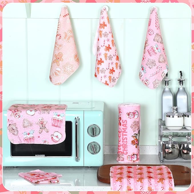 36 Pack Reusable Cleaning Cloths Washable Cotton Kitchen Dish Towels for Home Christmas Party Supplies Bulk, 9.84x11.81in (Pink Gingerbread)