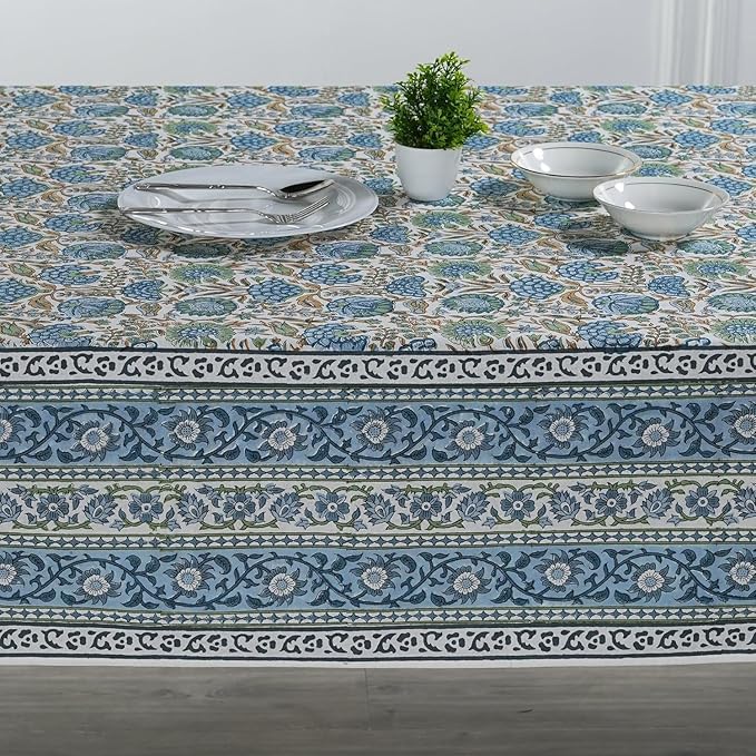 Ridhi Asparagus Green Floral Tablecloth 48x102 Inch Cotton Rectangular Tablecover Hand Block Print Washable Reusable Boho Dining Table Cloth for Wedding Thanksgiving Holiday Decor
