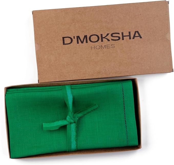 D'Moksha Homes Linen Dinner Napkins 20 x 20 Inch - 100% Pure Linen Kelly Green Napkins Set of 4 - Classic Hemstitch - Washable Kelly Green Cloth Napkins for Summer
