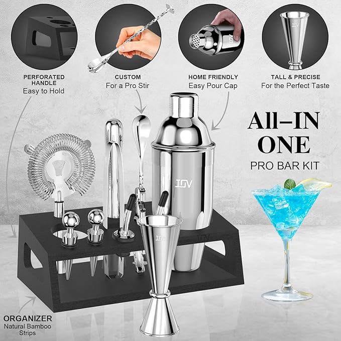 IOV Mixology Bartender Kit with Stand | 12-Piece Cocktail Shaker Set | 24oz Martini Shaker Set for Drink Mixing | Bar Set Includes All Bar Tools and Recipe Booklet | Fun Housewarming Gift (Silver)