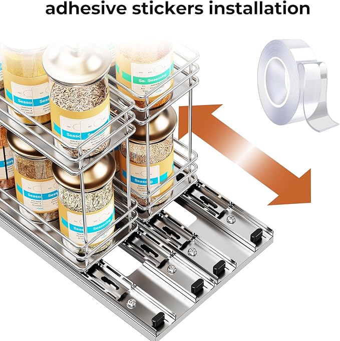 Pull Out Spice Rack Organizer for Cabinet, Slide Out Spice Racks, Easy to Install, 3.0''Wx10.35''Dx8.26''H, 2 Drawers 2 Tiers(Silver)