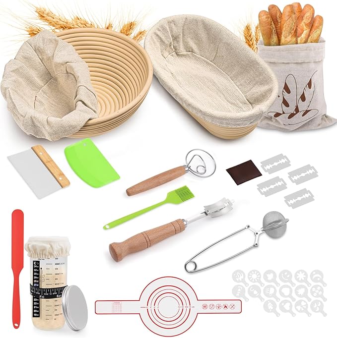 Sourdough Bread Proofing Basket Set, 9" Round & 10" Oval Proofing Baskets with Glass Starter Jar, Dough Whisk, Dough Cutter, Bread Sling & Complete Baking Kit