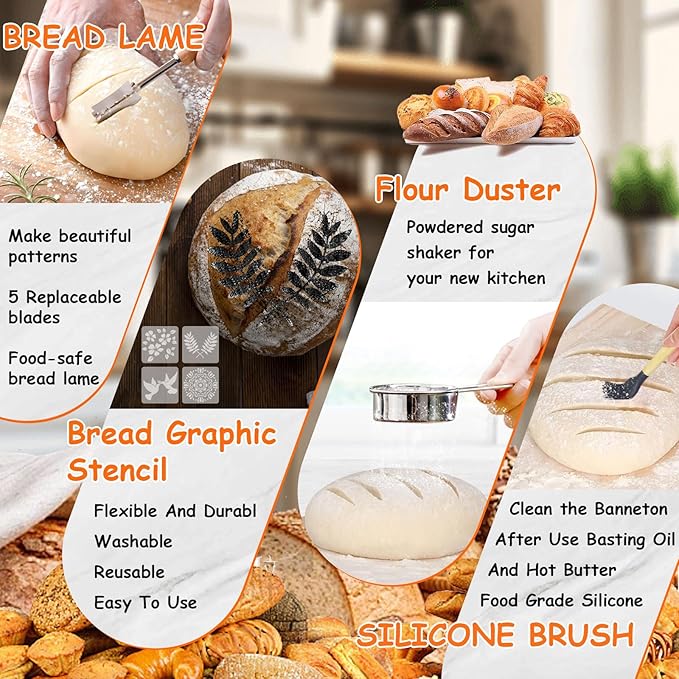 Sourdough Bread Baking Supplies Kit, 10" Oval & 9" Round Bread Proofing Basket Set Jar Scraper Scoring Lame Brush Short Danish Whisk, Sourdough Starter Kit Gift for Bread Making (Oval & Round & Jar)