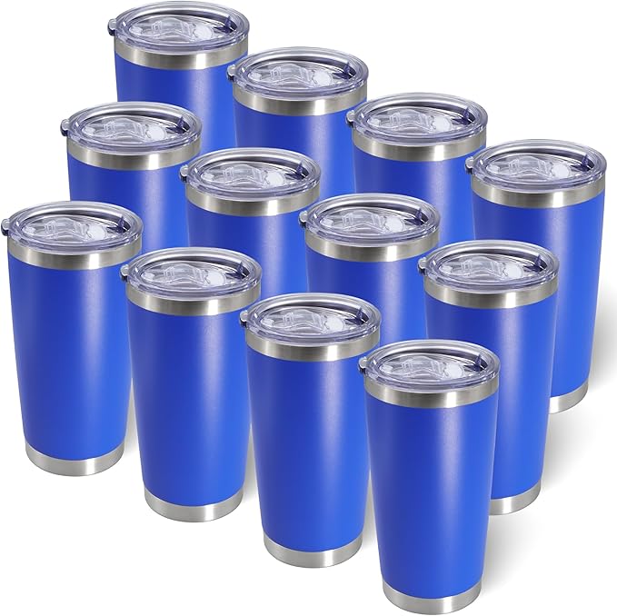 20oz Tumbler Bulk Stainless Steel Tumblers with Lid Vacuum Insulated Double Wall Travel Coffee Mug Powder Coated Tumbler Cup for Hot and Cold Drinks(Dark Blue, 12 pack)