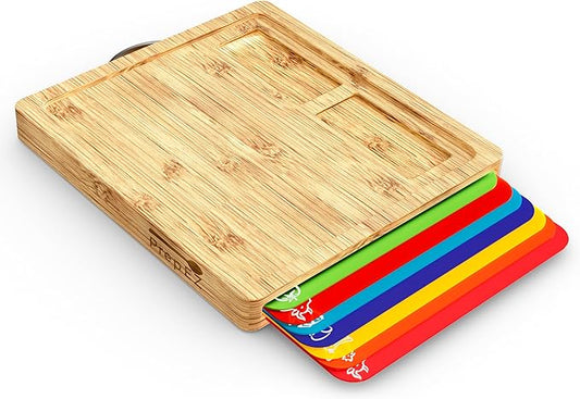 Cutting Boards for Kitchen – Bamboo Cutting Board with 7 Color-Coded Chopping Mats + Bonus Wood Cutting Board – Knife-Friendly & Dishwasher Safe Wooden Cutting Boards for Kitchen.