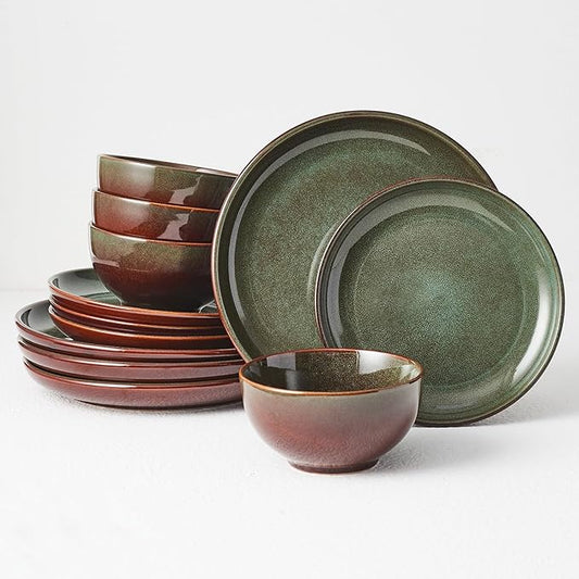 Stoneware Dinnerware Sets Service for 4, 12 pcs Reactive Glaze Plates and Bowls Sets, Handmade Ceramic Dish Set, Highly Chip and Crack Resistant Modern Plate Set, Brown Green