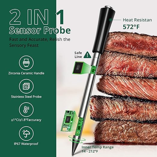 Meat Thermometer Digital Wireless, Bluetooth Smart Meat Thermometer with APP 500FT Remote for Grilling and Smoker,Portable Cooking Temperature Probe for Oven, Outside Grill and BBQ | IP67 Waterproof