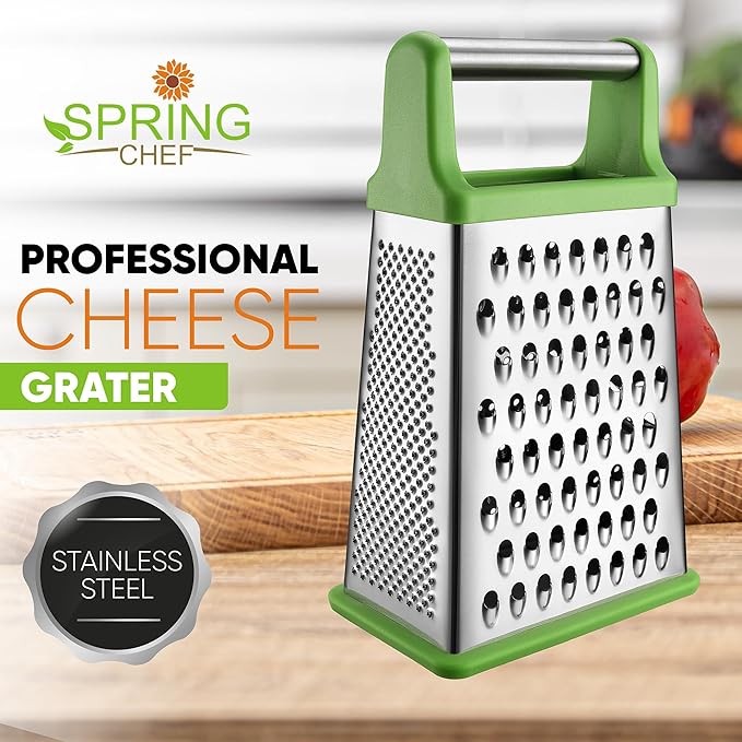 Spring Chef Green Professional Stainless Steel XL Parmesan Cheese Grater with Handle - 4 Sided Box Grater for Kitchen - Dishwasher Safe Food Shredder for Carrot, Potato, Vegetables, Ginger, Hash Brown