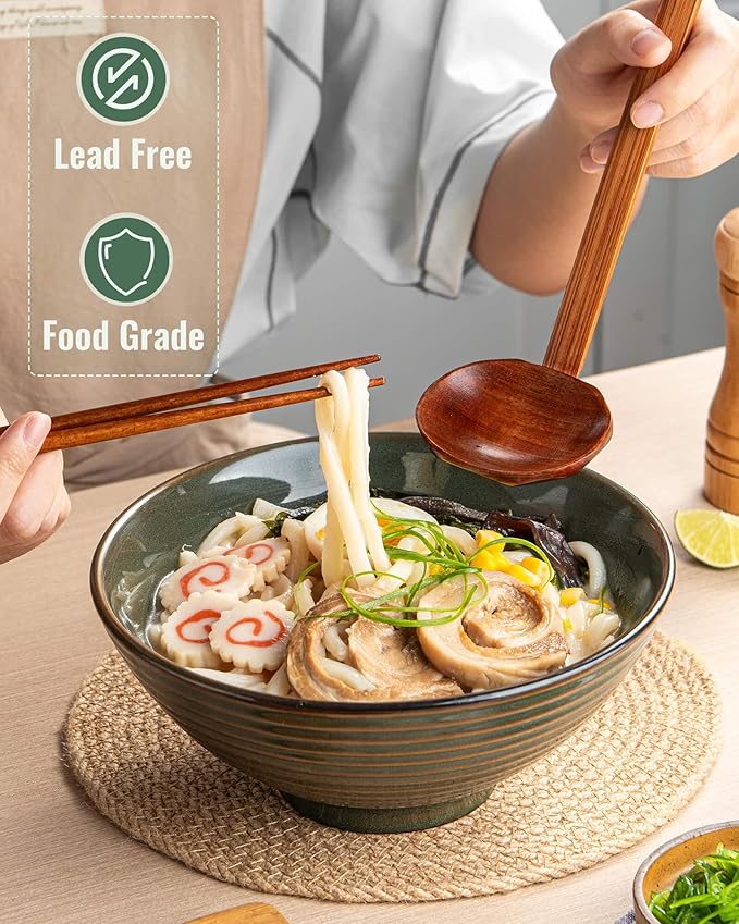 8 Inch 40oz Large Japanese Ramen Bowl Set of 2,Material Safety Ceramic Ramen Bowls with Matching Chopsticks and Spoons, Pho Bowls Ramen Noodle Bowl for Asian Udon Soup Salad Cereal(Retro Cyan)