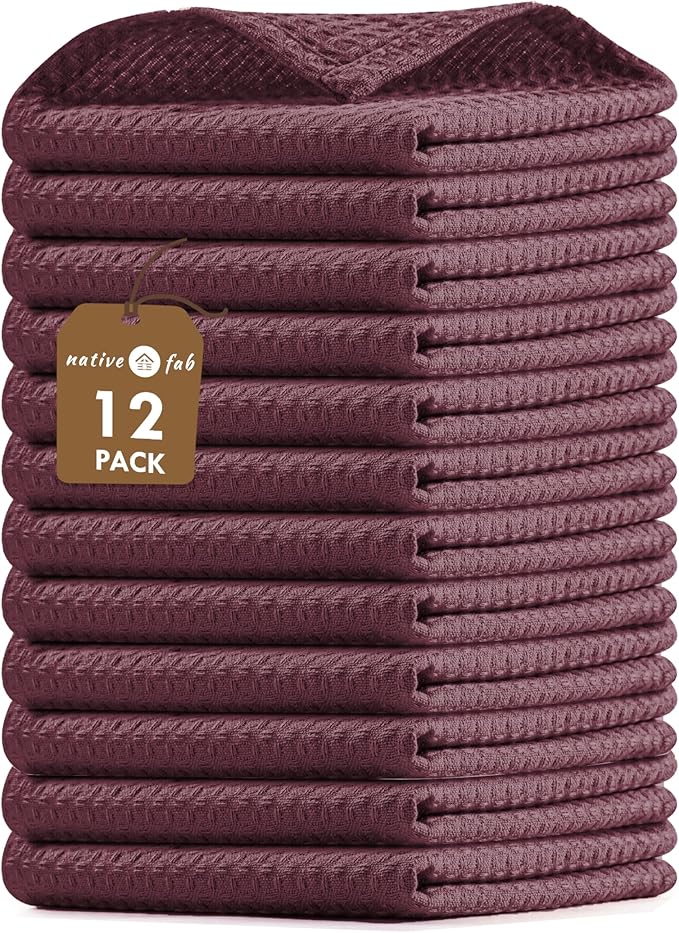 Native Fab Waffle 12 Pack Dish Cloths - 100% Cotton, Absorbent, Quick Dry, Washable Towels for Cleaning, Cooking & Drying Dishes - Perfect for Home, Restaurants, Bars, Cafes - 12"x12" - Burgundy