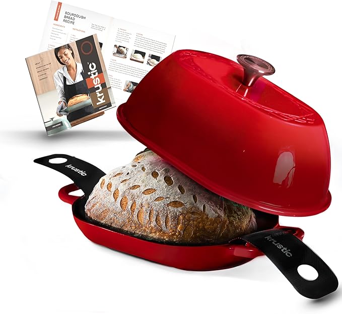 Enameled Cast Iron Dutch Oven for Professional Sourdough Bread Baking | 5.5 Quart Loaf Size Oval Cookware Pot with Lid | Triple-Layer Enamel Coating Pan with Non Stick Silicone Mat |Red