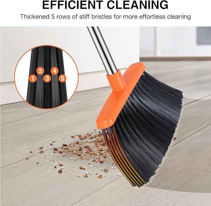 NACENA Broom and Dustpan Set, 52-in Long Adjustable Handle Broom Dustpan Combo with Dustpan Teeth to Automatically Clean Hair Suitable for Home Kitchen Office Hall Floor（Grey&Orange）
