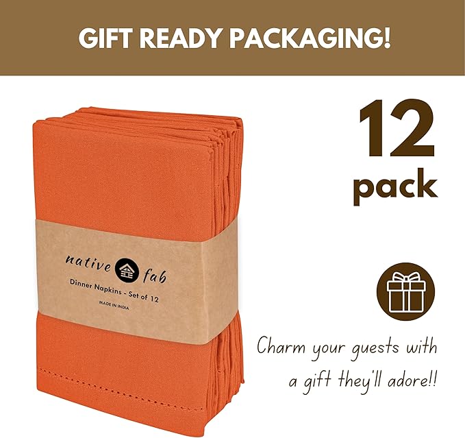 Native Fab Set of 12 Cloth Napkins Hemstitch Corners, 100% Cotton, 18x18 inch, Soft, Absorbent, Washable, Easy Care, Restaurant Hotel Quality - Wedding, Events, Lunch, Dinner Napkins - Orange