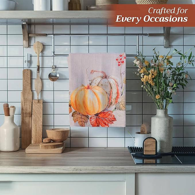 Maison d' Hermine Kitchen Towels Set of 3 100% Cotton 20" x 27.5" Reusable Cloth Tea Dish Towels Absorbent with Hanging Loop for Kitchen Dining Thanksgiving Christmas Decorations (Potiron)