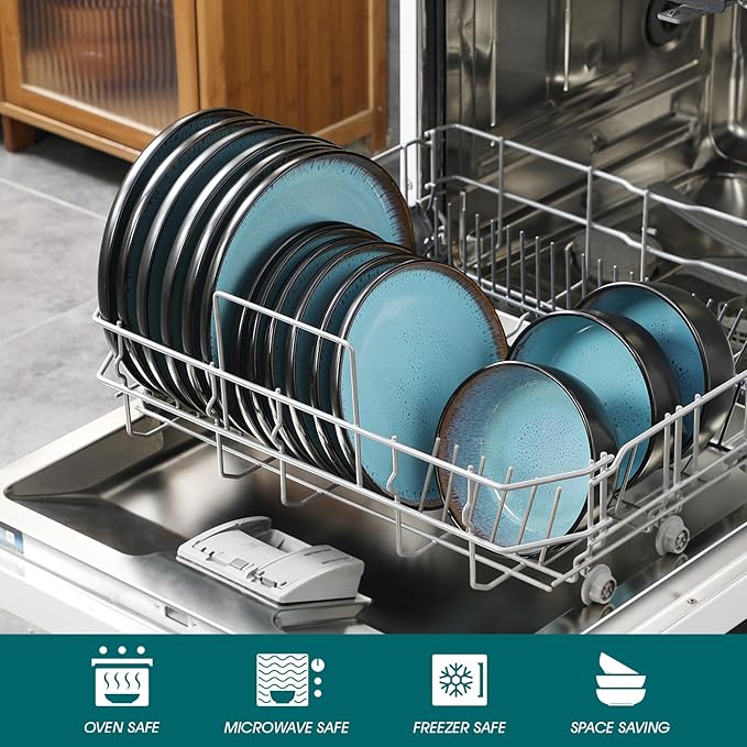 vancasso Plates and Bowls Sets, 24 Pieces Stoneware Dinnerware Sets for 8, Kitchen Dish Set Mircowave and Dishwasher Safe Dinner Set Ceramic Dishware, Sky Blue, Series AMBER