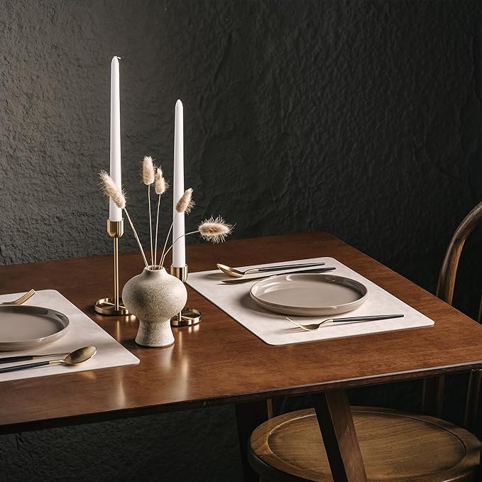 DOLOPL Placemats Set of 12 Reversible Dual-Color Table Placemats –Heat Resistant Wipeable & Washable Place Mats, Luxury Faux Leather Table Mats for Vintage Dining Table Decor (Beige&Light Grey)
