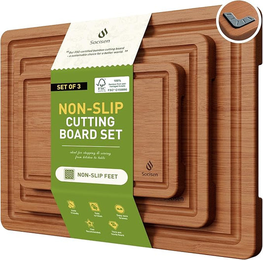3 Packs Bamboo Cutting Board Set with Non Slip Feet and Over Sink Nice Solid Thick Wood Juice Groove Chopping Board Extra Large Big Small Best Hardwood Kitchen Counter Organic Vegetable