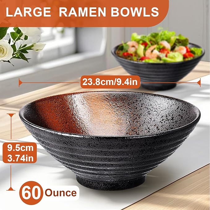 9.4Inch Ceramic Ramen Bowl Set of 2 (9 Piece) - Porcelain Japanese Salad Noodles Cereal Fruit Pasta Soup Large Bowls with Recipes Chopsticks Forks Spoons for Men Women Gift Microwave Dishwasher Safe