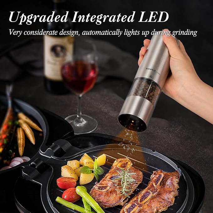 SIMPLETASTE Electric Salt and Pepper Grinder Set, Automatic One Handed,Stainless Grinders with Lights and Adjustable Coarseness,Battery Operated