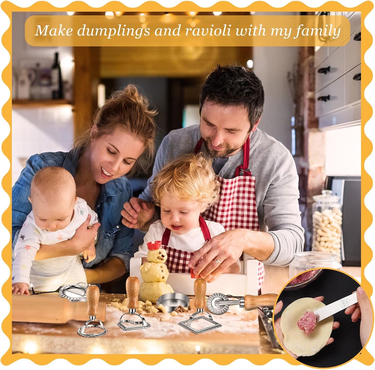Baderke 12Pcs Pasta Maker Tools Ravioli Making Kit Include 5 Ravioli Stamp Maker Cutter with Roller Wheel 1 Wooden Rolling Pin 1 Press Mold 5 Stainless Steel Dumpling Molds for Kitchen Homemade Kit