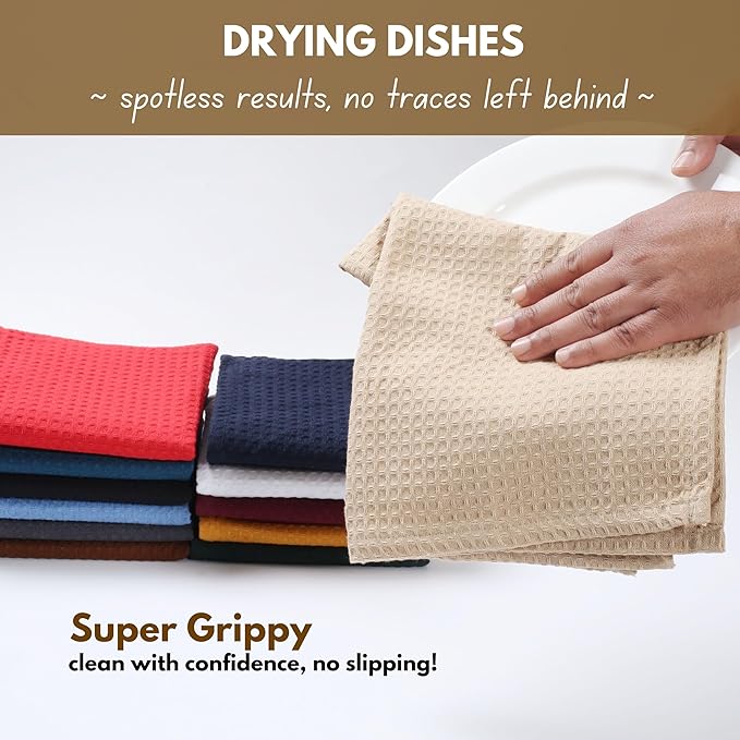 Native Fab 6 Pack Waffle Dish Cloths - 100% Cotton, Absorbent, Quick Drying & Soft Towels for Cleaning, Cooking & Drying Dishes - Perfect for Home, Restaurants & Bars, 12x12 inches - Beige