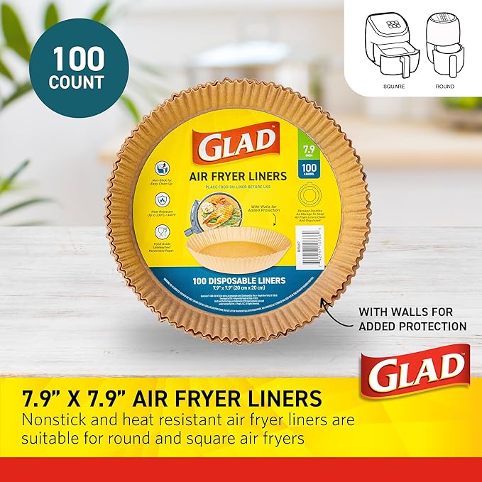 Glad Air Fryer Liners with Walls, Nonstick and Heat Resistant, Food Grade Material, Suitable for Round Air Fryers, Air Fryer Accessories, 7.9" - 100 Count