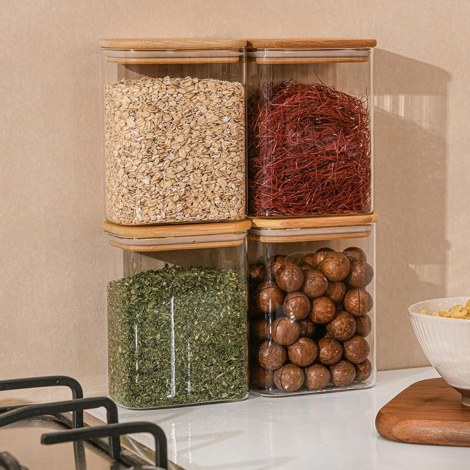 37oz Rectangle Airtight Glass Storage Containers with Bamboo Lids (Set of 4), Square Food Storage Jar, Pantry Organizers for Cereal, Nuts, Snacks and Coffee beans (‎with Black Lable)