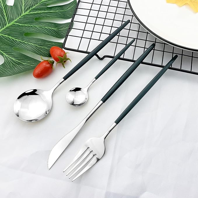 JASHII Flatware Serving Set 24 Piece, Stainless Steel Silverware Set, Green Silver Cutlery Set, Modern Elegant Tableware Set for Party, Christmas, Dinner (Green Silver)