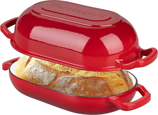 Enameled Cast Iron Sourdough Bread Oven, Dutch Oven, Loaf Cast Iron Bread Pan for Homemade Bread Baking, Meatloaf Pan with Lid, 5QT, Red