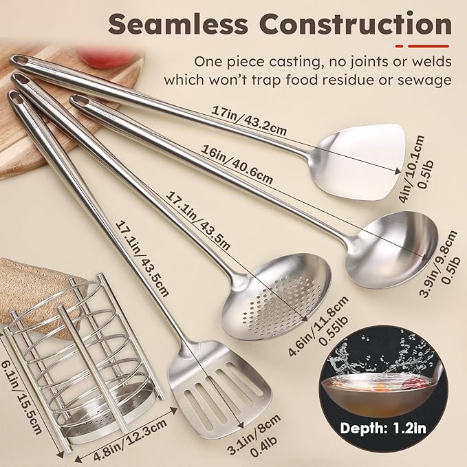MARTE Kitchen Cooking Utensils Set, 5 Pcs Stainless Steel Cooking Kitchen Utensils Spatula Set with Holder, Heat-Resistant Spatula and Ladle Skimmer Turner Tool Set，Dishwasher Safe & BPA Free