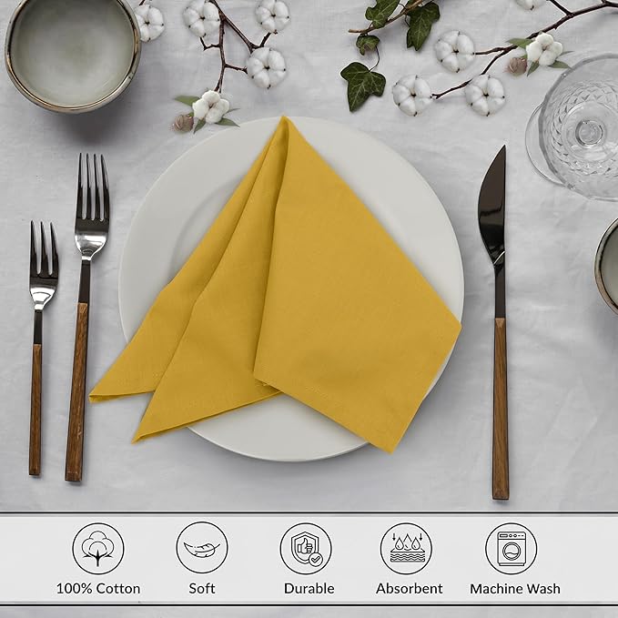 Ruvanti Cloth Napkins Set of 12, 18x18 Inches, 100% Cotton, Washable, Soft & Absorbent, Perfect for Wedding, Christmas, ‎Thanksgiving Dinners - Spicy Mustard