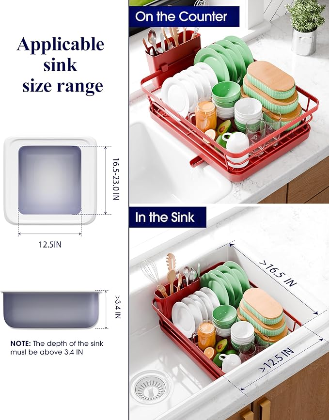 Kitsure Dish Drying Rack for Kitchen Counter, Stainless Steel Sink Organization and Storage Essentials with Cutlery Holder, Home and Appartment Decor, 12''W x 15.5''L, Red