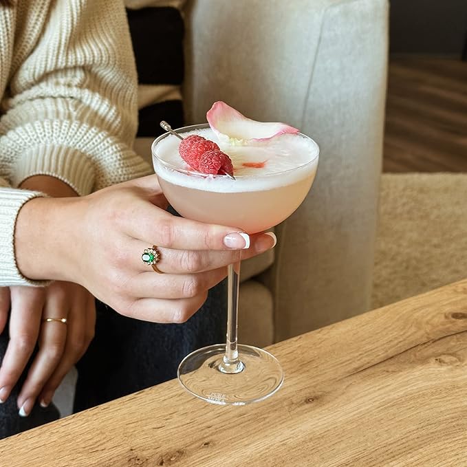 PURE MORA The Lyra Coupe Glass Set of 4, 7oz Handblown Premium Crystal Classic Cocktail Glasses for Martini, Champagne, Mixology, Home Bar, Fancy Margarita, Gin&Tonic, Drinking, etc. For Mixologists