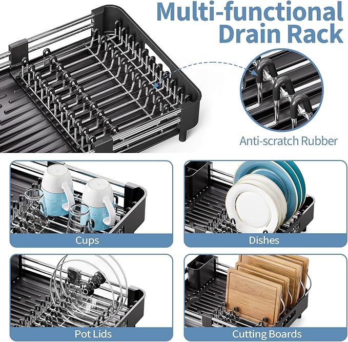 Dish Drying Rack for Kitchen Counter, Extendable Dish Rack with Drainboard, Collapsible Dish Drainer, Expandable Dish Strainer with Cutlery Holder, Foldable Home Countertop Plate Storage Rack, Black