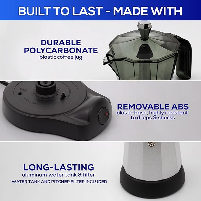 universal Electric Coffee Maker (6 Cups), Cuban Moka Pot (480 Watts), Gift for Coffee Lovers, Easy Brewing, Prepare Espresso Recipes: Italian, Latte, Macchiato & Mocaccino