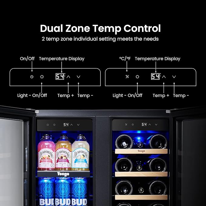 Yeego Wine and Beverage Refrigerator - 24 Inch Dual Zone Wine Cooler Fridge with Glass Door, Quiet Compressor Cooling, Hold 60 Cans & 20 Bottles, Built-in or Freestanding or Under Counter