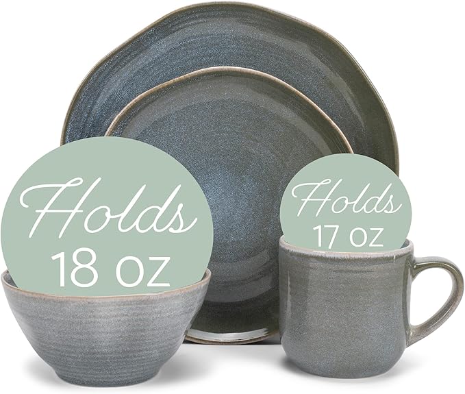 Elanze Designs Reactive Glaze Farmhouse Rustic Boho Ceramic Stoneware Dinnerware 16 Piece Plate Bowl Mug Dish Set - Service for 4, Ocean Teal Blue