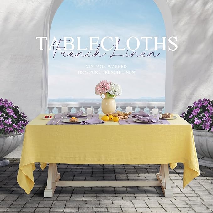 Linen World Vintage Tablecloths 55x55 Inch,100% French Linen Tablecloth,Classic Vintage Washed Table Cloths for Kitchen,Outdoor,Weddings,Decorative Valentine Easter,Mellow Yellow