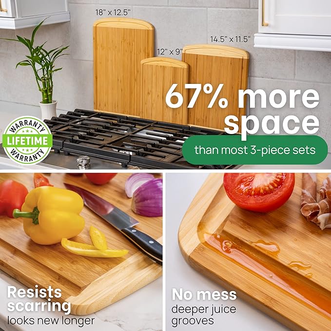Organic Bamboo Cutting Boards for Kitchen Set of 3 with Lifetime Replacements – Premium Extra Large Wood Chopping Boards with Juice Grooves for Carving & Serving, Non-Toxic & Durable by Greener Chef