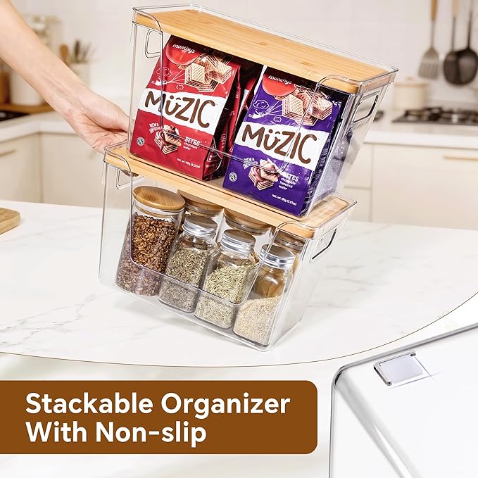 Criusia 2 Set Pantry Organizers and Storage with Bamboo Lids, Stackable Clear Bins for Onion, Potato, Fruit, Vegetables, Trash Bag Dispenser for Kitchen and Under Sink Organization