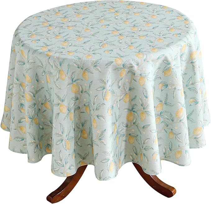 patdrea Designer Green Tablecloth for Round Tables,Vintage Linen with Yellow Fruits Pattern Tablecloths,Cottage Rustic Table Cover Cloth Decor for Kitchen Dining Christmas,Diameter 55"