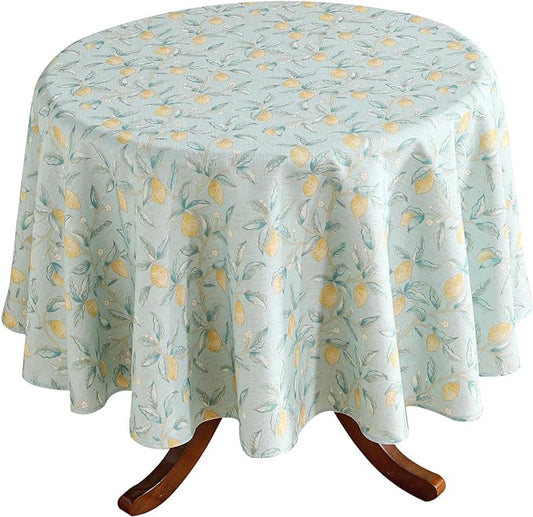 patdrea Designer Green Tablecloth for Round Tables,Vintage Linen with Yellow Fruits Pattern Tablecloths,Cottage Rustic Table Cover Cloth Decor for Kitchen Dining Christmas,Diameter 67"