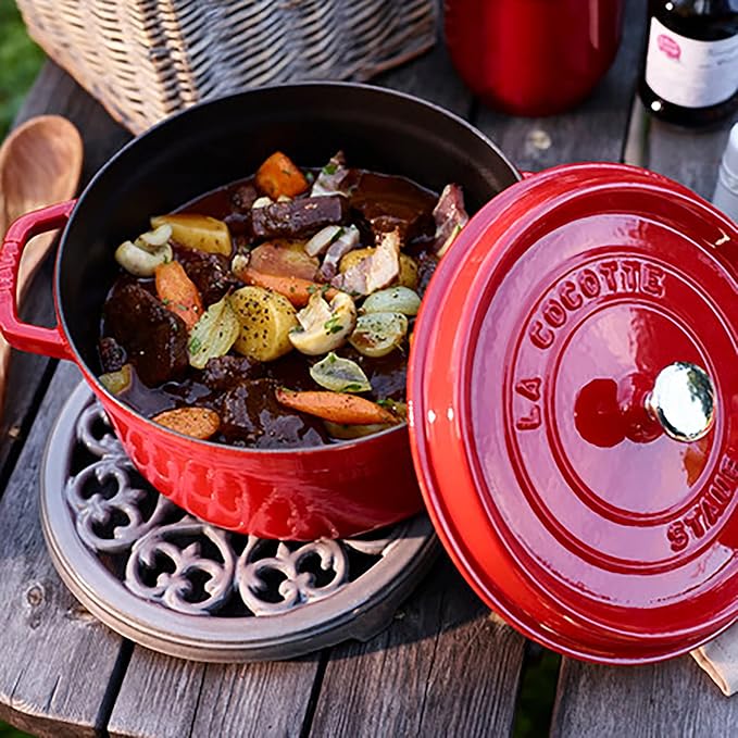 STAUB Cast Iron Dutch Oven 5.5-qt Round Cocotte, Made in France, Serves 5-6, Cherry