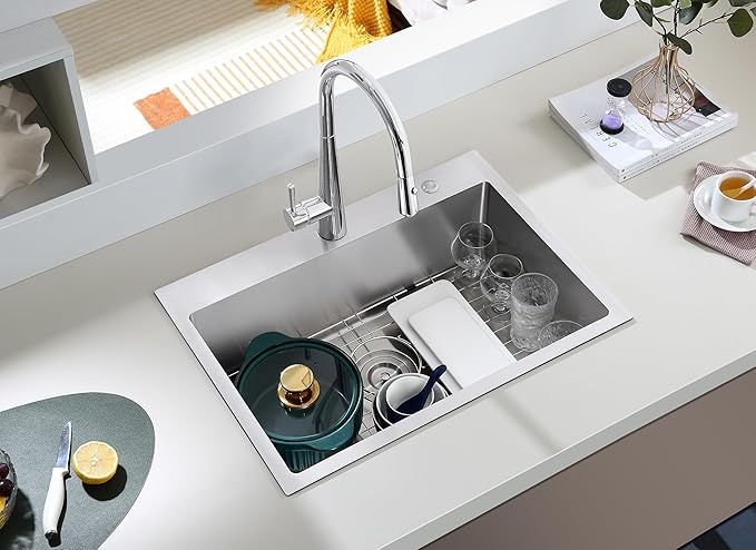 MENATT 25 Inch Drop in Kitchen Sink Brushed, 18 Gauge Stainless Steel 2 Holes Single Bowl Topmount Kitchen Sinks with Drain Assembly & Grid, D25"xW18"xH9"